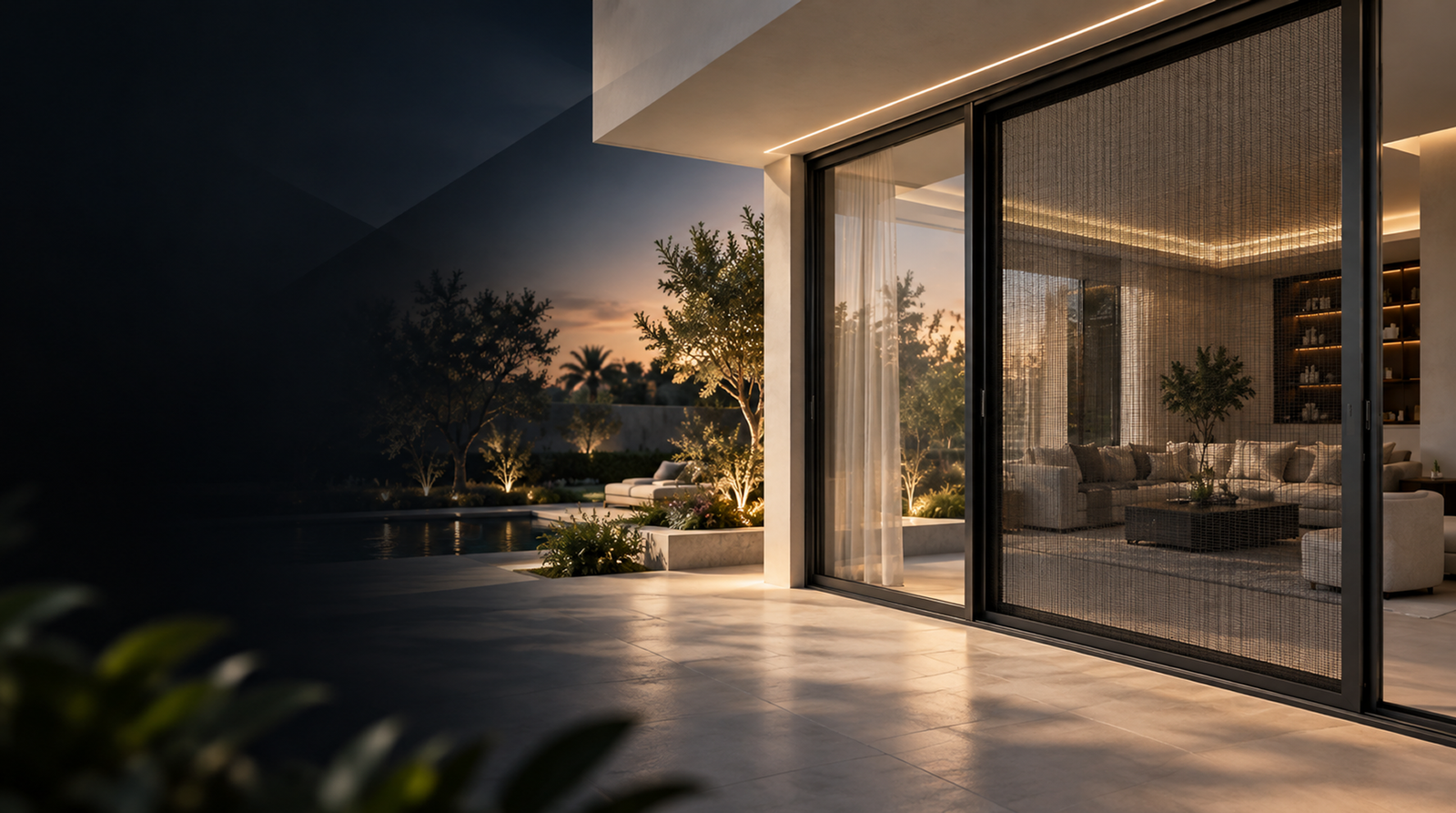A sliding glass door fitted with a fly screen, opening onto a lit garden at dusk