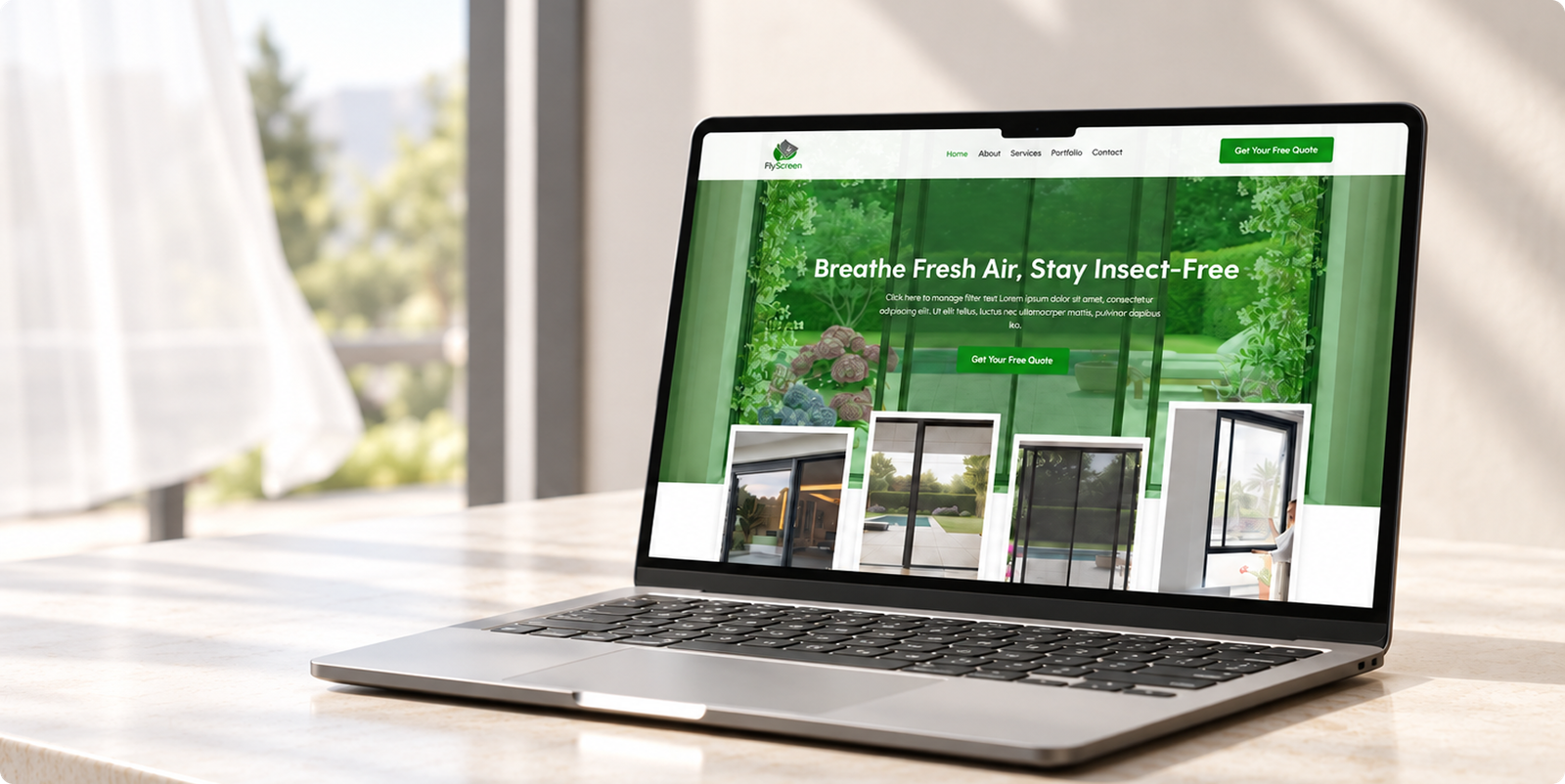 The FlyScreen website on a laptop beside a sunlit window