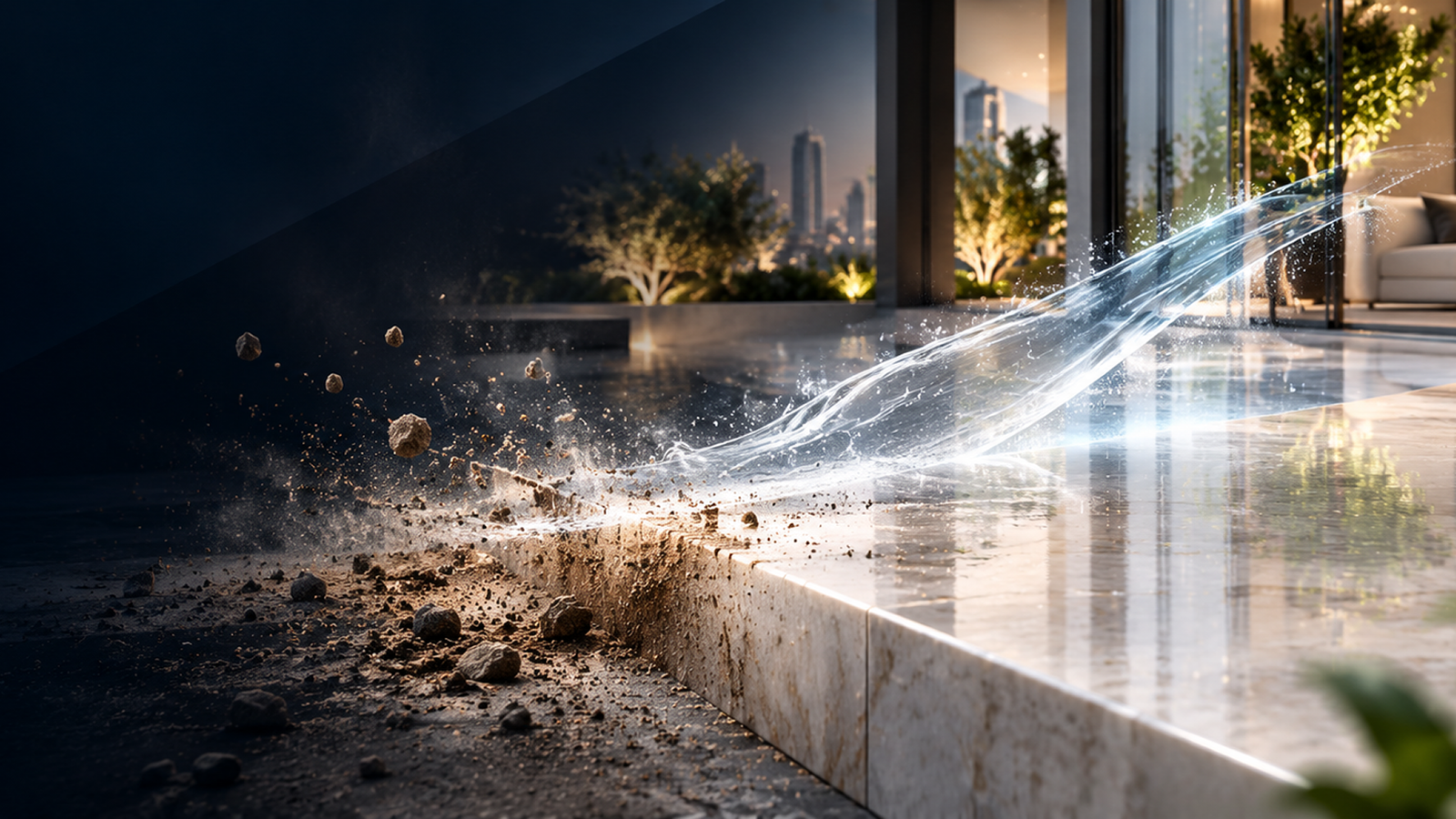 A jet of water sweeping dust off a marble terrace at dusk