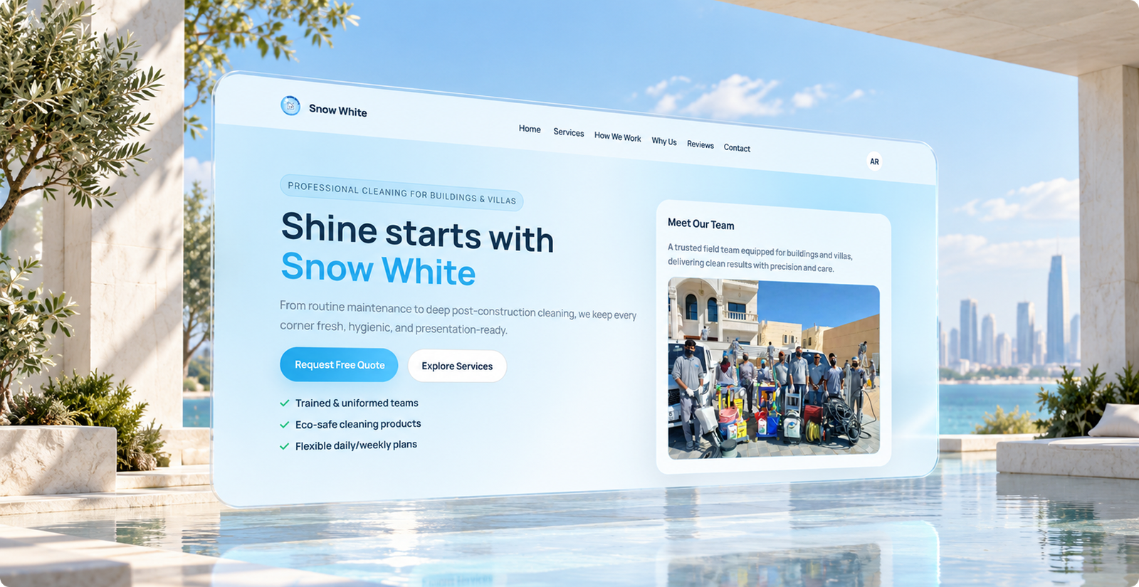 The Snow White website on a glass panel above a pool, with the city behind