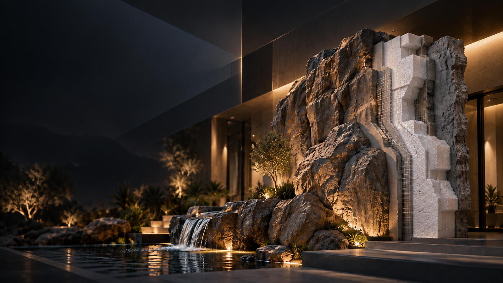 A rock waterfall and its layered foam structure beside a lit modern villa at night