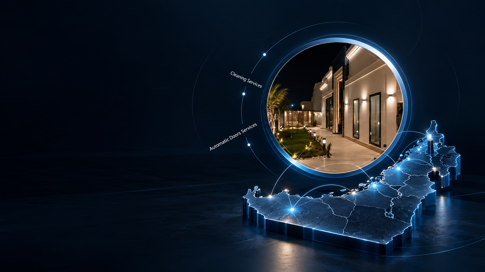 A lit villa seen through a glowing portal above a 3D map of the UAE