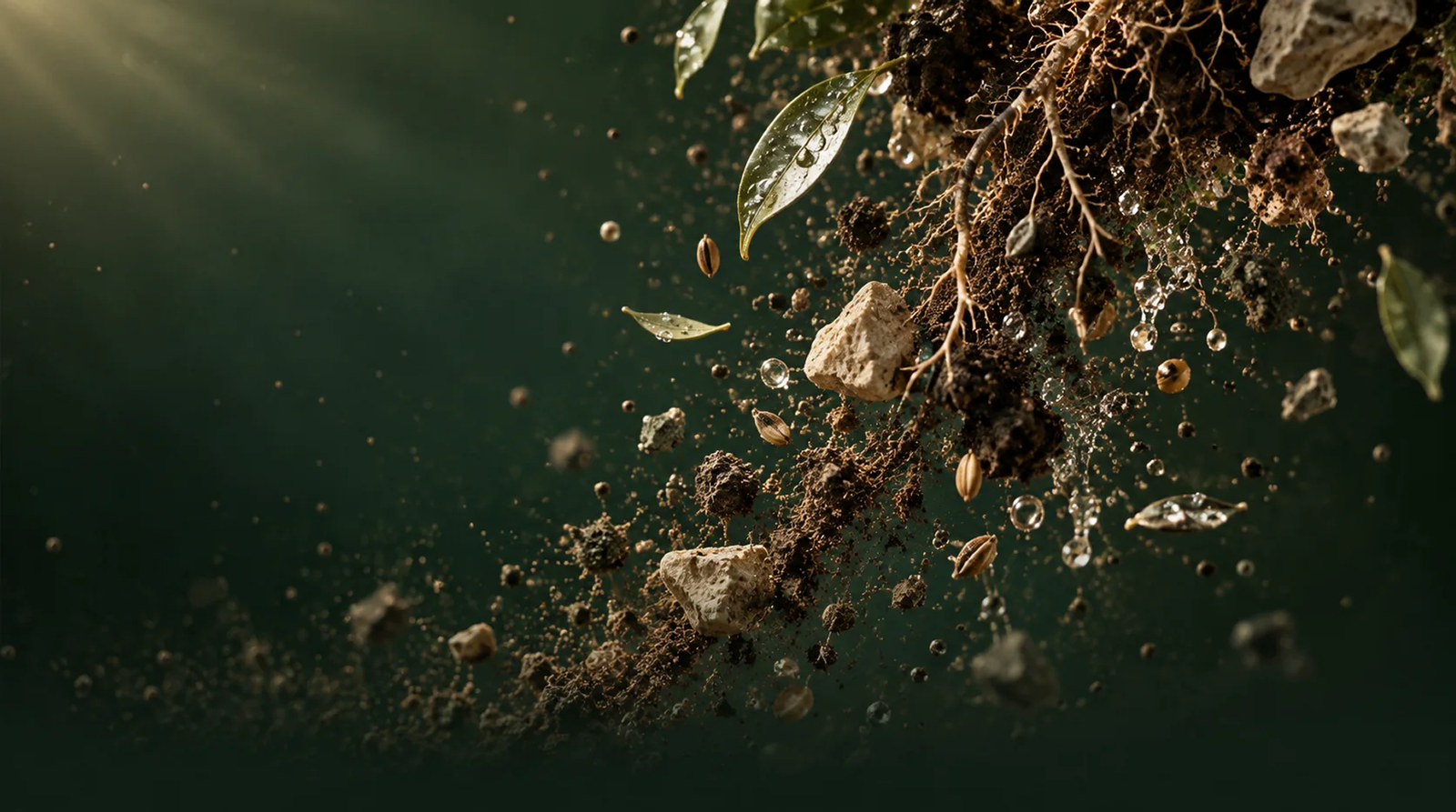 Soil, roots, leaves and water drops suspended in a green-lit space
