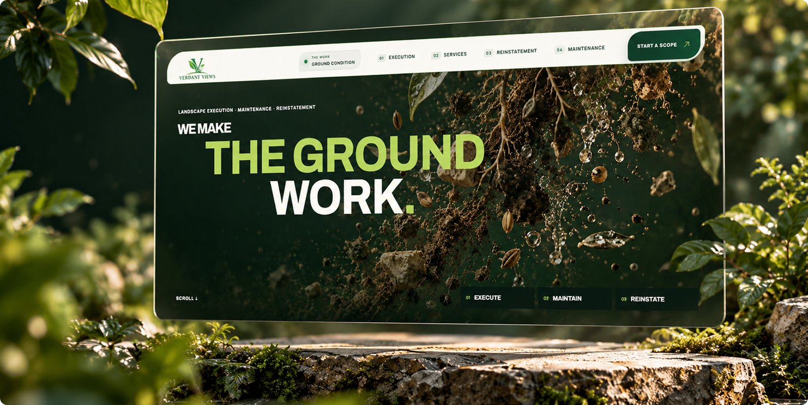 The Verdant Views website on a glass panel among leaves and stone