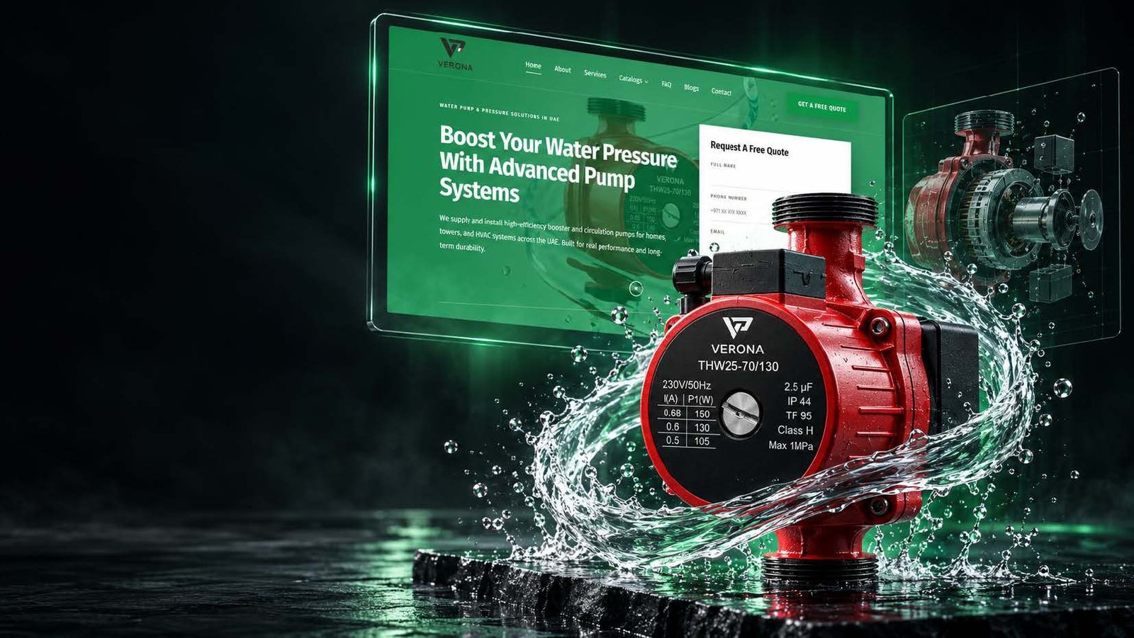 Verona website on a glowing screen above a red circulation pump with a swirl of water