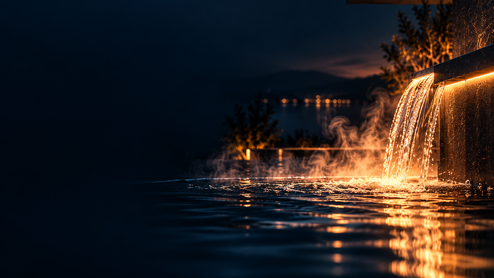 A steaming waterfall lit in amber at night, with the Wales mark